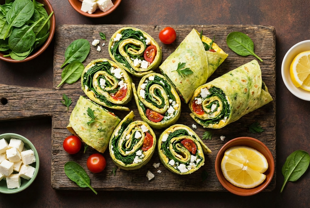 Cut-open breakfast wrap showing scrambled eggs with green spinach, white feta crumbles, and red sun-dried tomatoes