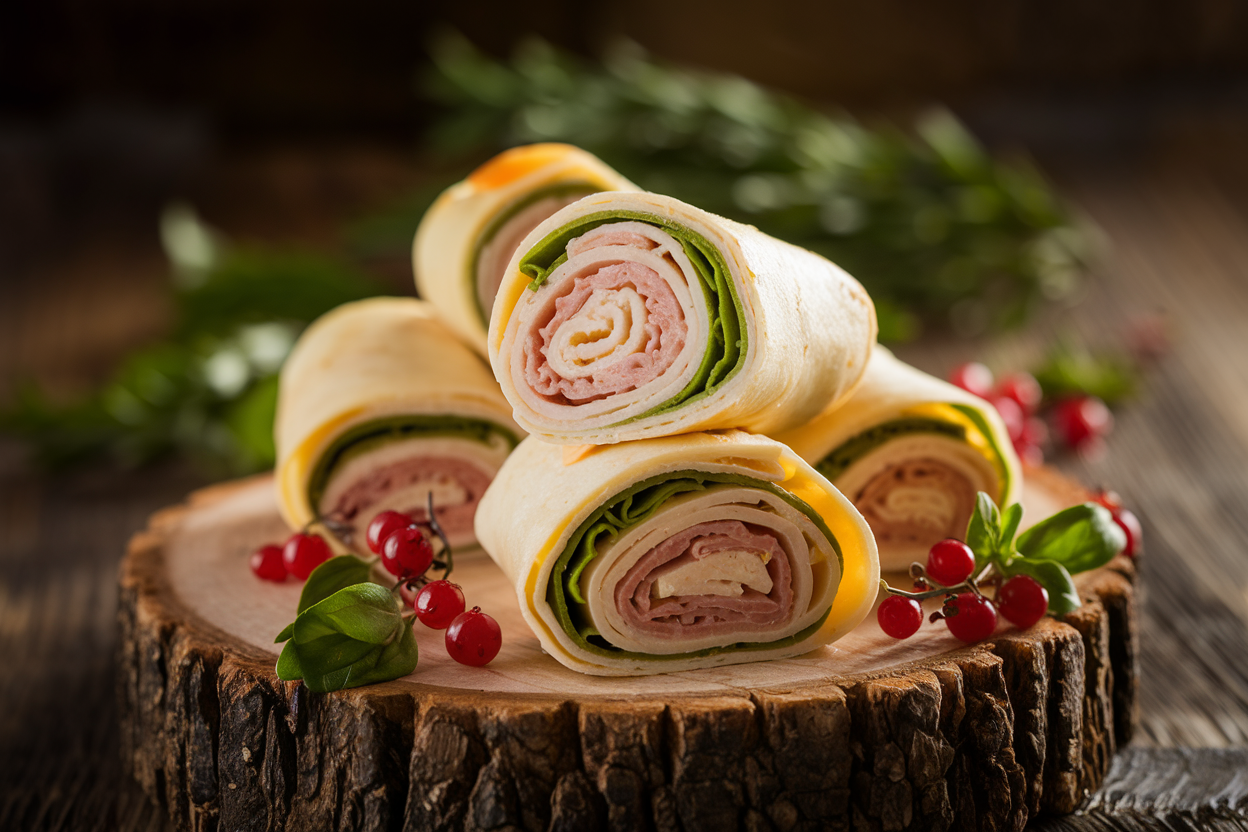 Colorful pinwheel roll-ups sliced to show spiral layers of turkey, cream cheese, spinach, and shredded carrot arranged on a plate