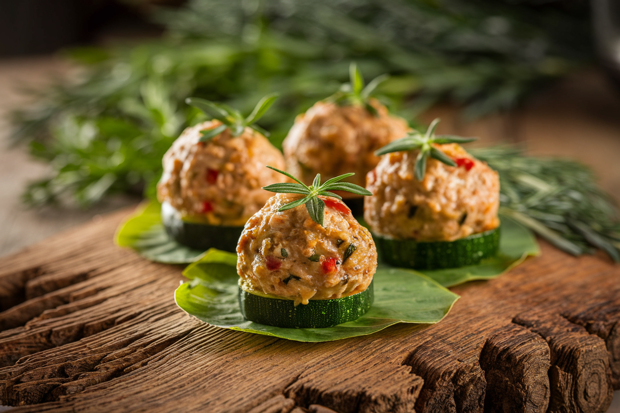 Rows of golden mini turkey zucchini meatballs on a parchment-lined baking sheet with a small bowl of marinara for dipping