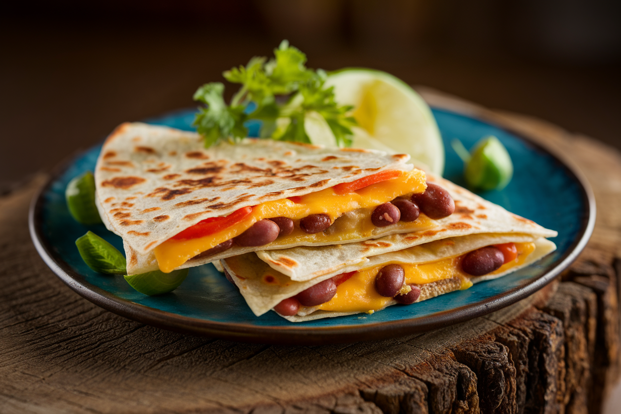 Golden crispy bean and cheese quesadilla cut into triangles on a plate with a small bowl of salsa