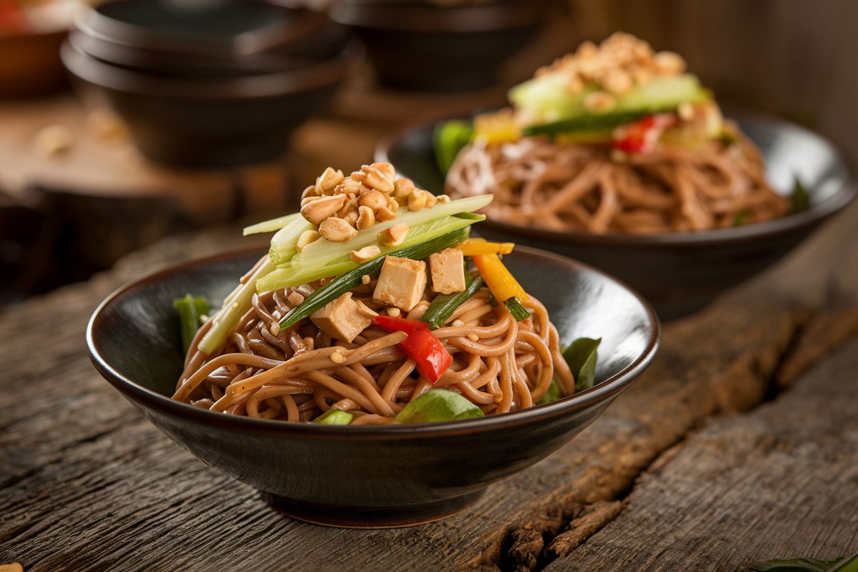 Colorful cold noodle bowl with peanut sauce, julienned carrots, purple cabbage, and sesame seeds