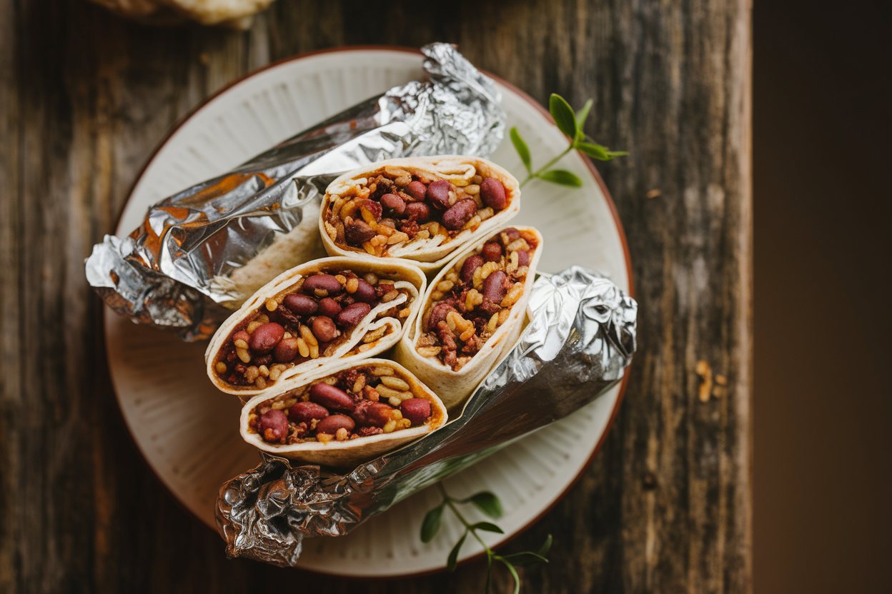 Row of tightly wrapped burritos on a baking sheet, some cut in half to show the bean, rice, and corn filling