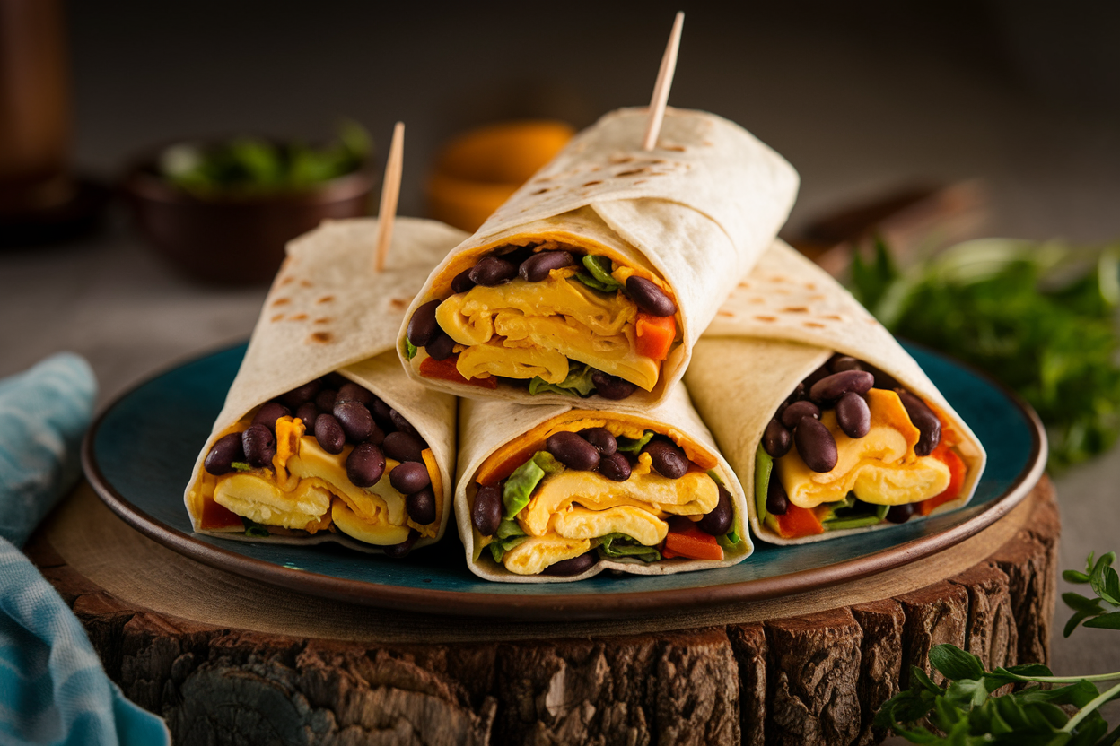 Stack of foil-wrapped black bean breakfast burritos on a cutting board with one sliced open showing rice, beans, and corn filling