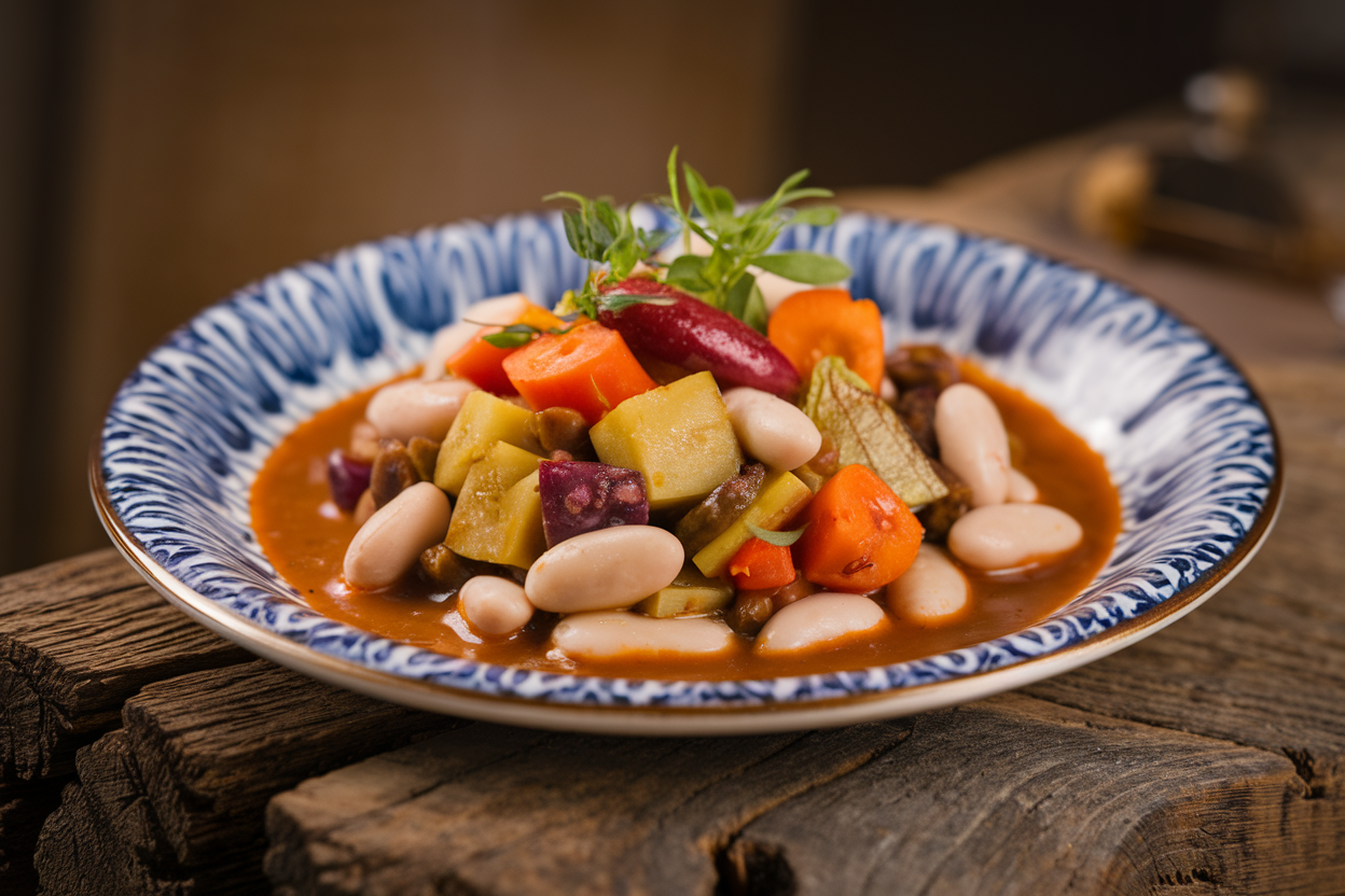 Steaming bowl of white bean stew with chunks of potato and wilted kale in a rustic ceramic bowl