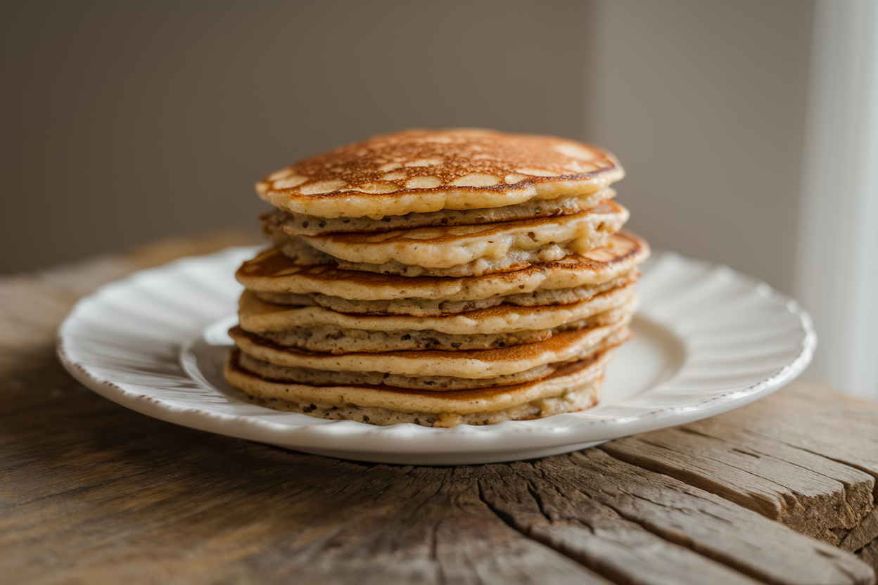 Stack of golden-brown lentil banana pancakes with sliced banana on top and maple syrup drizzle