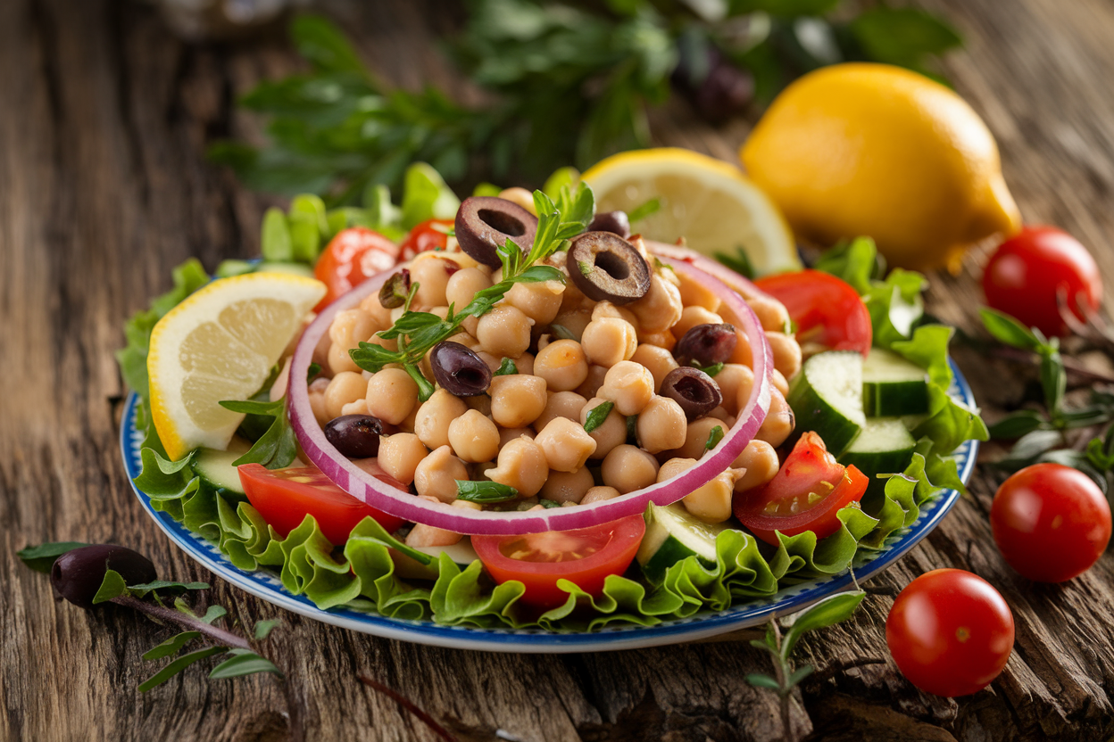 Colorful Mediterranean chickpea salad in a clear meal-prep container with visible olives, tomatoes, and cucumber