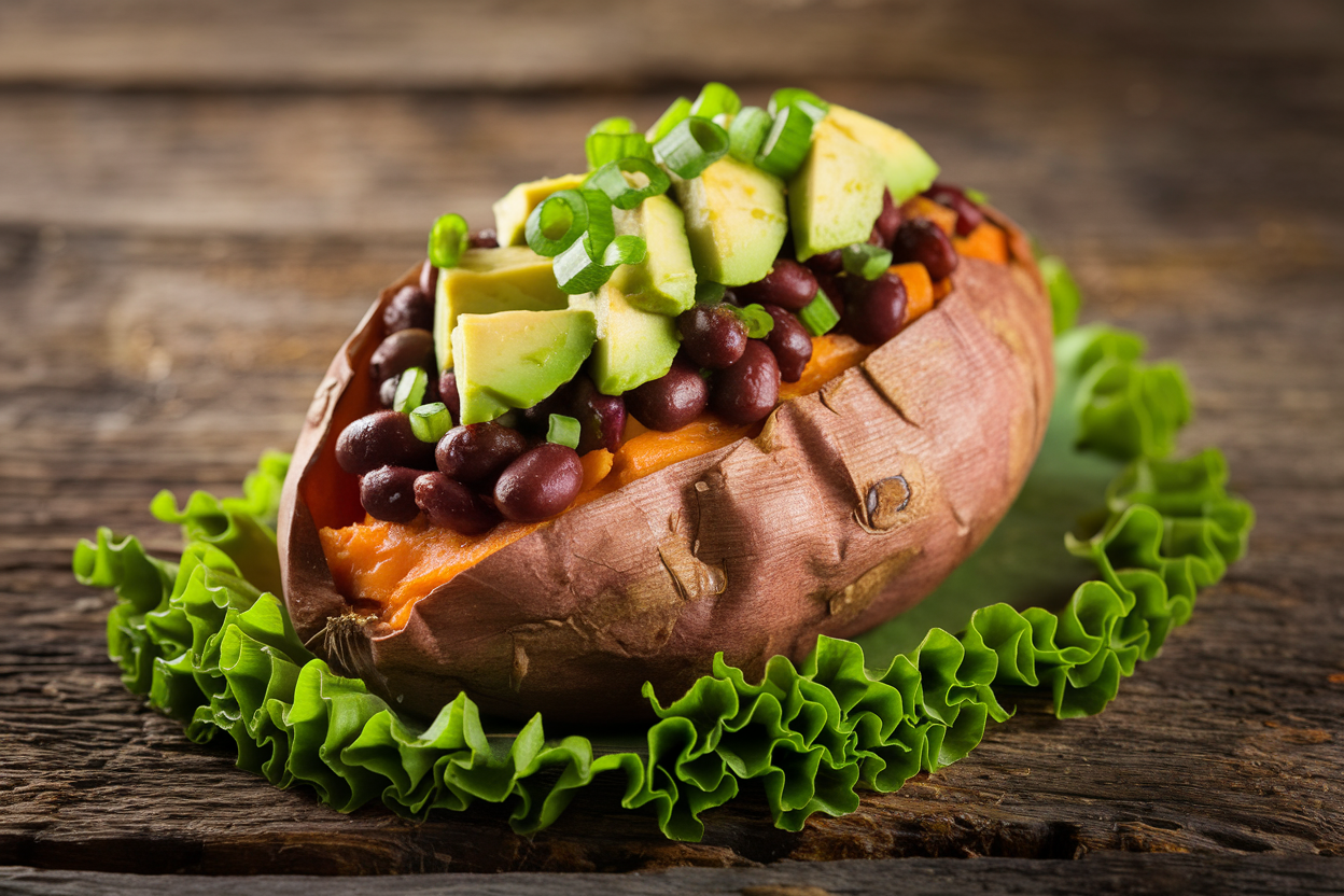 Split-open microwave-cooked sweet potato stuffed with seasoned black beans, diced avocado, and fresh cilantro