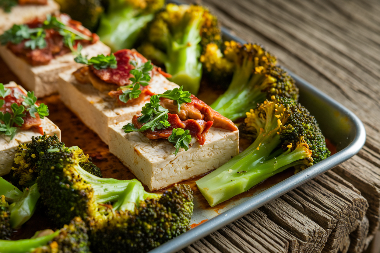 Golden crispy tofu cubes and charred broccoli florets on a parchment-lined sheet pan drizzled with sesame sauce