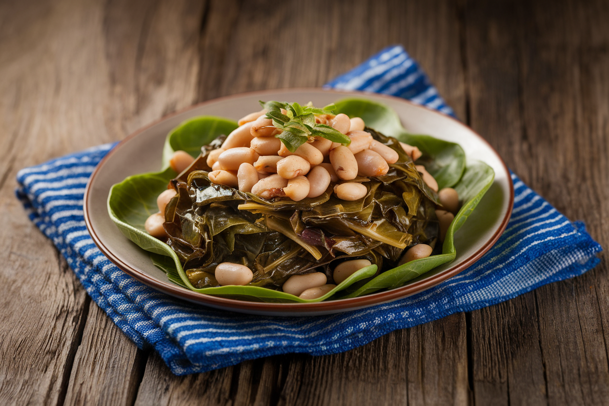 Bowl of tender dark green collard greens with white beans in a rich smoky broth