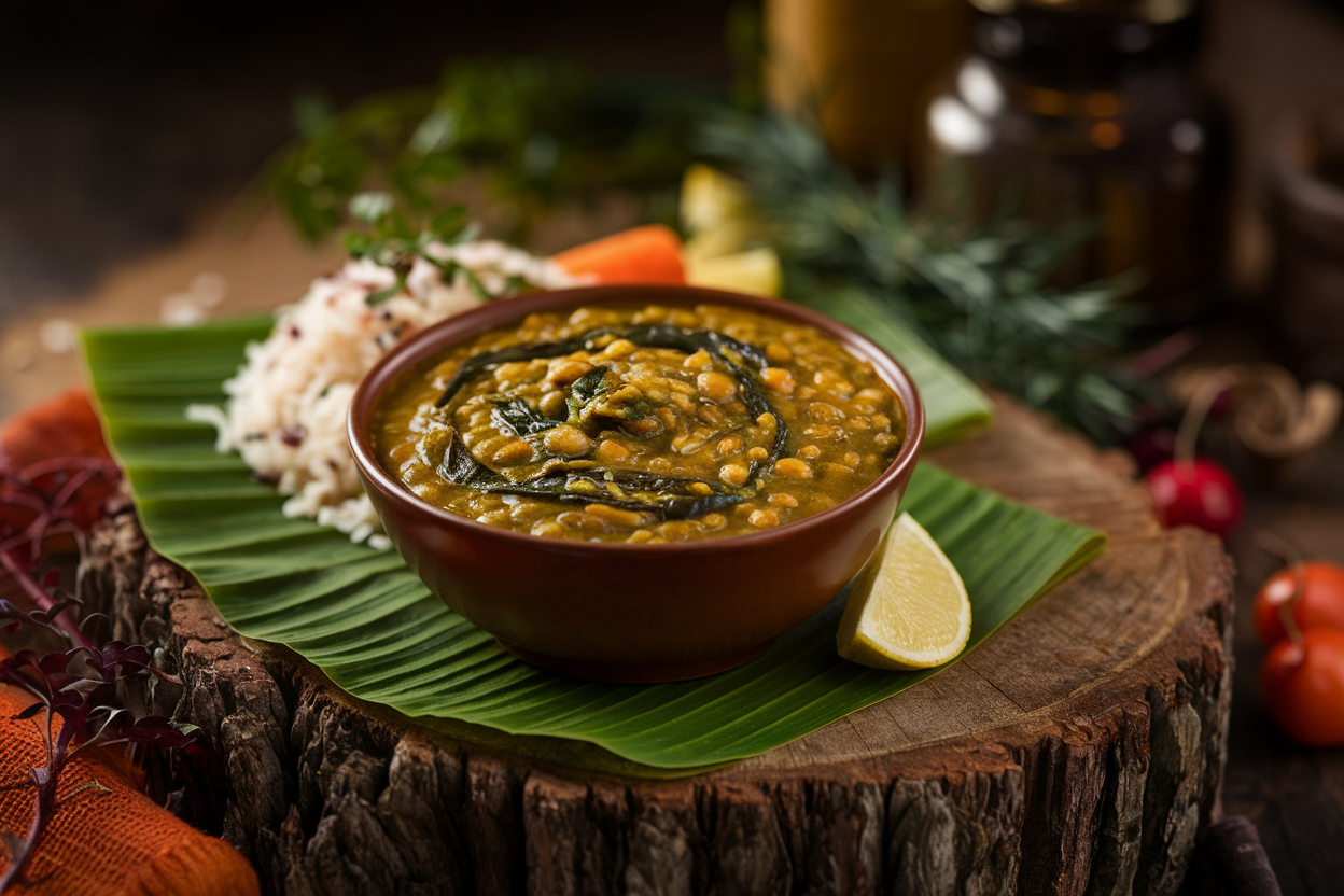Rich golden-orange lentil dal with wilted spinach in a dark bowl, garnished with a lemon wedge