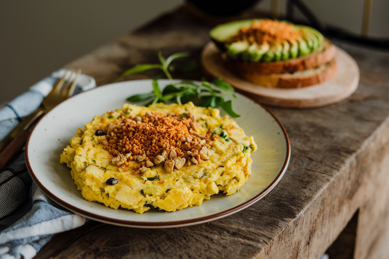 Bright yellow tofu scramble with colorful bell peppers and spinach served in a glass meal-prep container