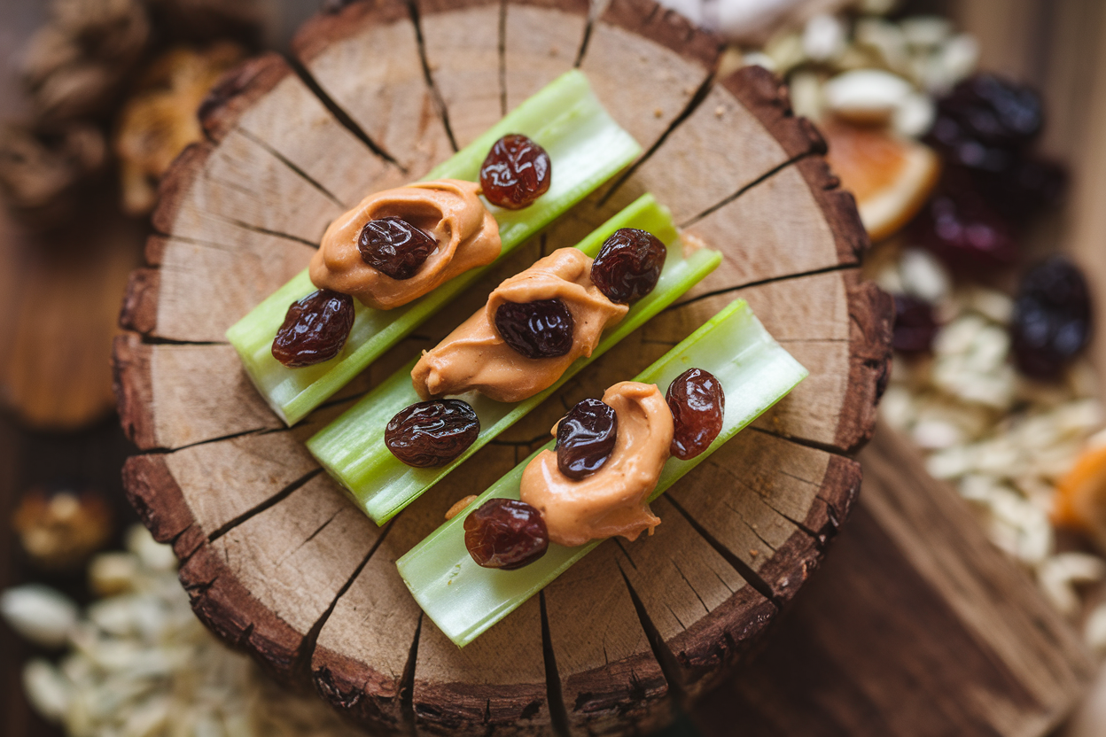 Celery sticks filled with peanut butter and dotted with raisins arranged on a colorful plate