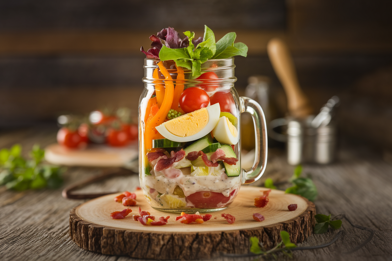 Four mason jars showing layered Cobb salad with visible chicken, tomatoes, eggs, and lettuce