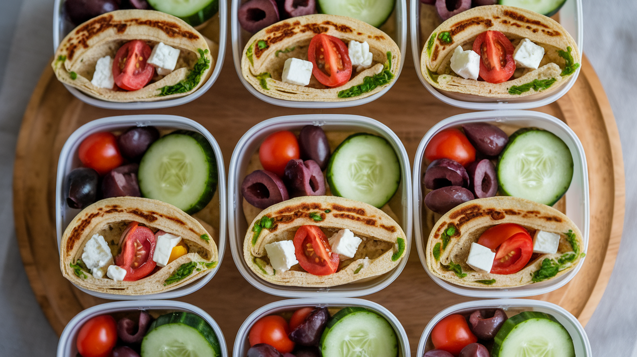 Colorful Mediterranean wraps cut in half showing layers of hummus, fresh vegetables, feta cheese, and olives, arranged in clear containers