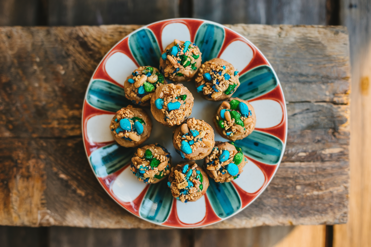 Round peanut butter energy bites with visible chocolate chips and oats on a plate