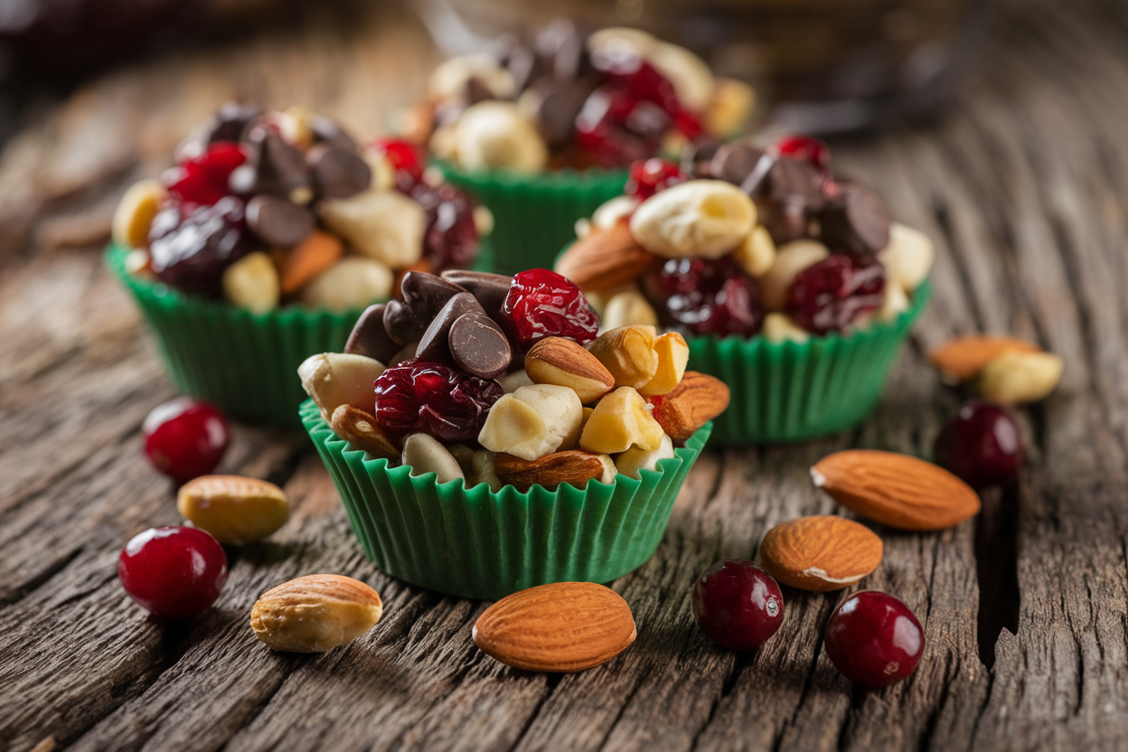 Small cups of colorful trail mix with almonds, chocolate chips, cranberries, and pumpkin seeds