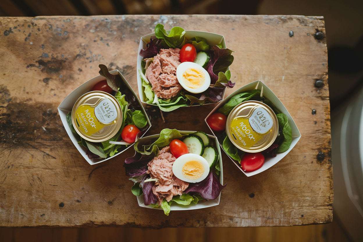Bento box with tuna salad, cheese cubes, almonds, celery, and cherry tomatoes in separate compartments