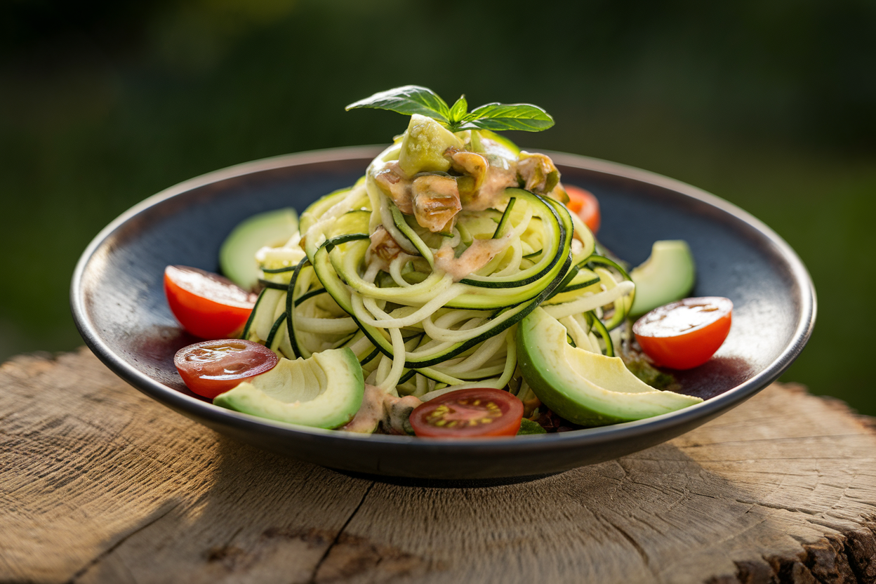 Bowl of spiralized zucchini noodles tossed in green pesto with tomatoes and mozzarella
