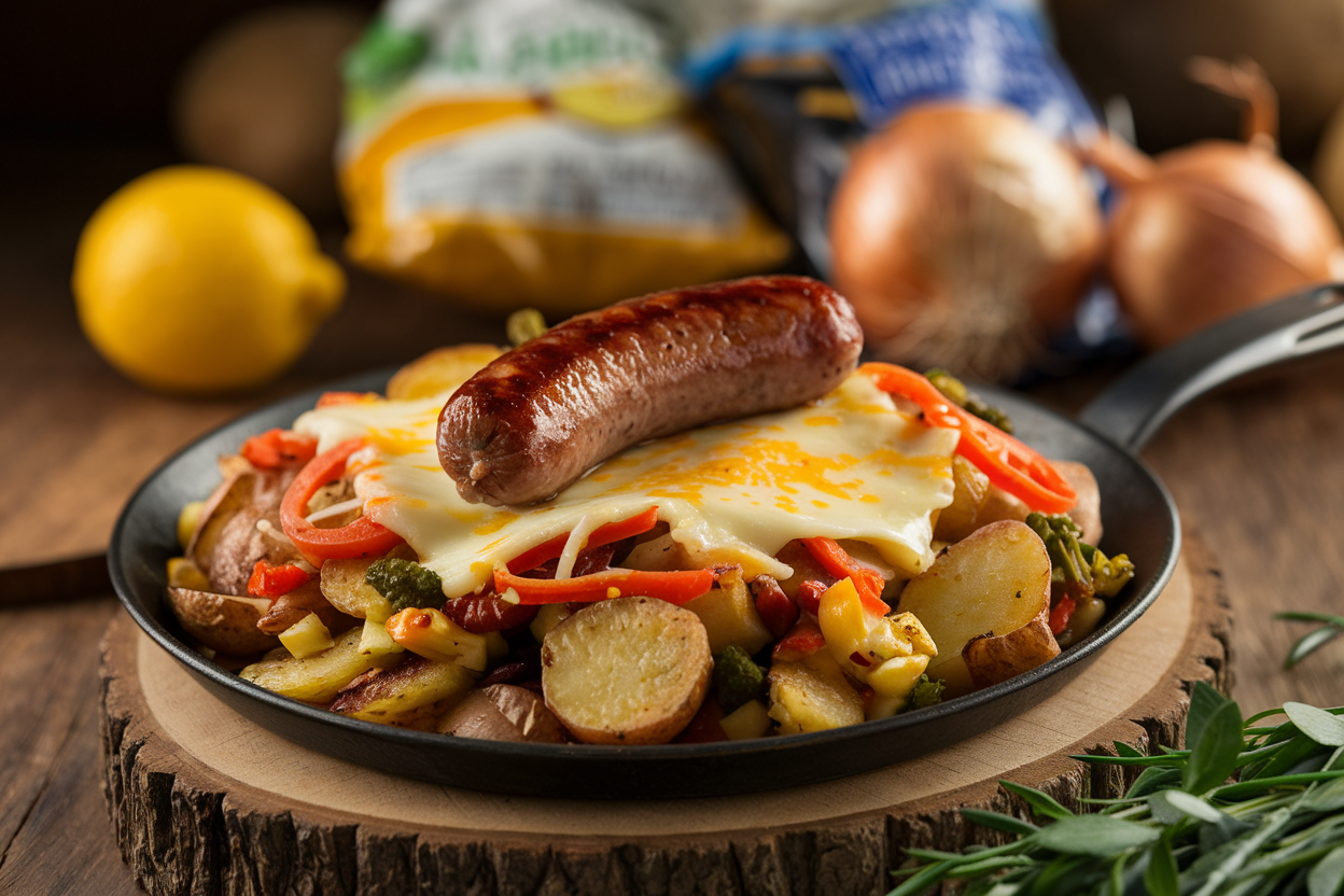 Sizzling one-pan breakfast hash with golden potatoes, crumbled sausage, and colorful peppers