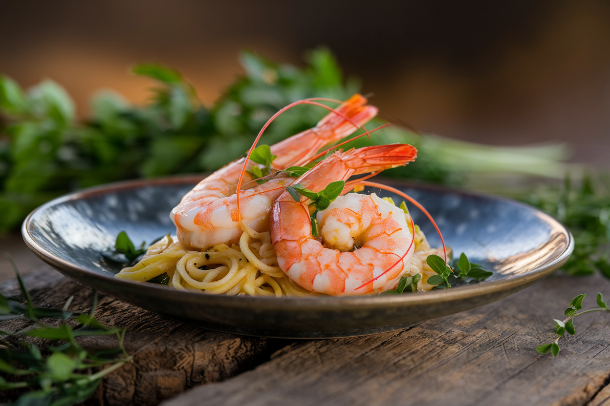 Garlicky shrimp scampi over angel hair pasta garnished with parsley and lemon wedges