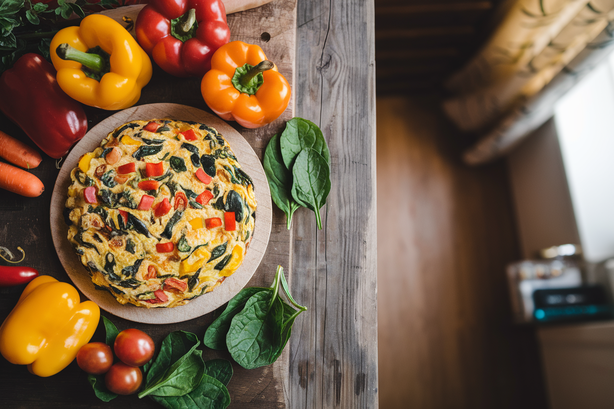 Fluffy scrambled eggs mixed with mushrooms, tomatoes, and melted cheese in a skillet