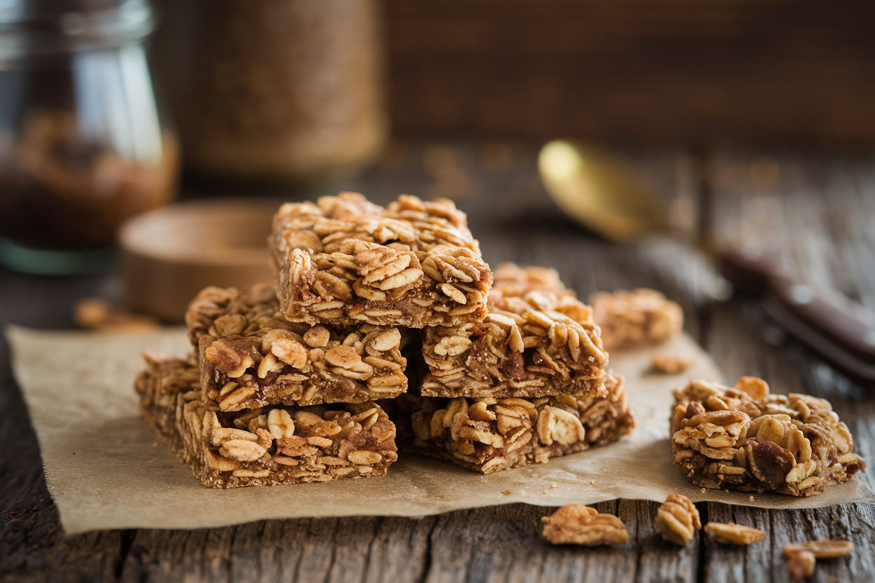 Stack of chewy homemade granola bars showing oats, nuts, and chocolate chips