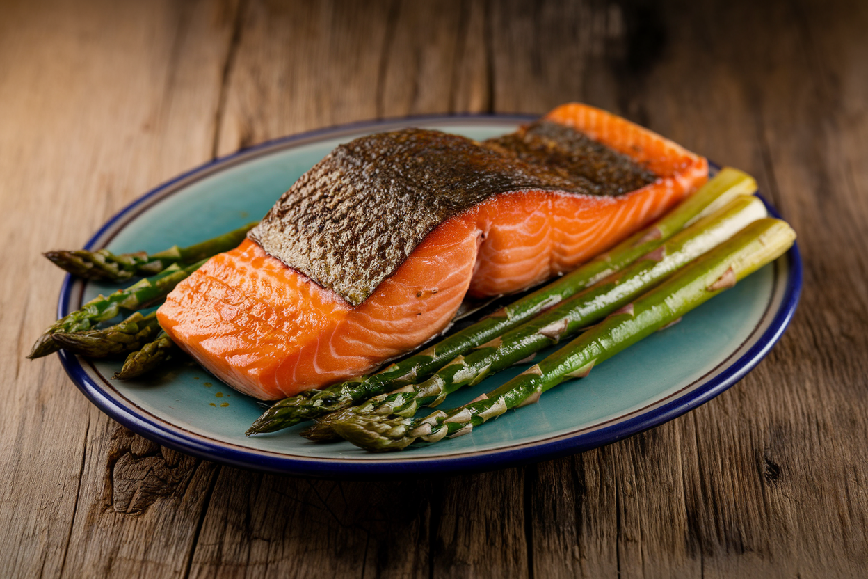 Dijon-crusted salmon fillet alongside green asparagus spears on a white plate