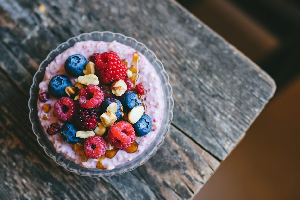 Five mason jars of overnight oats topped with fresh blueberries, strawberries, and raspberries lined up on a counter