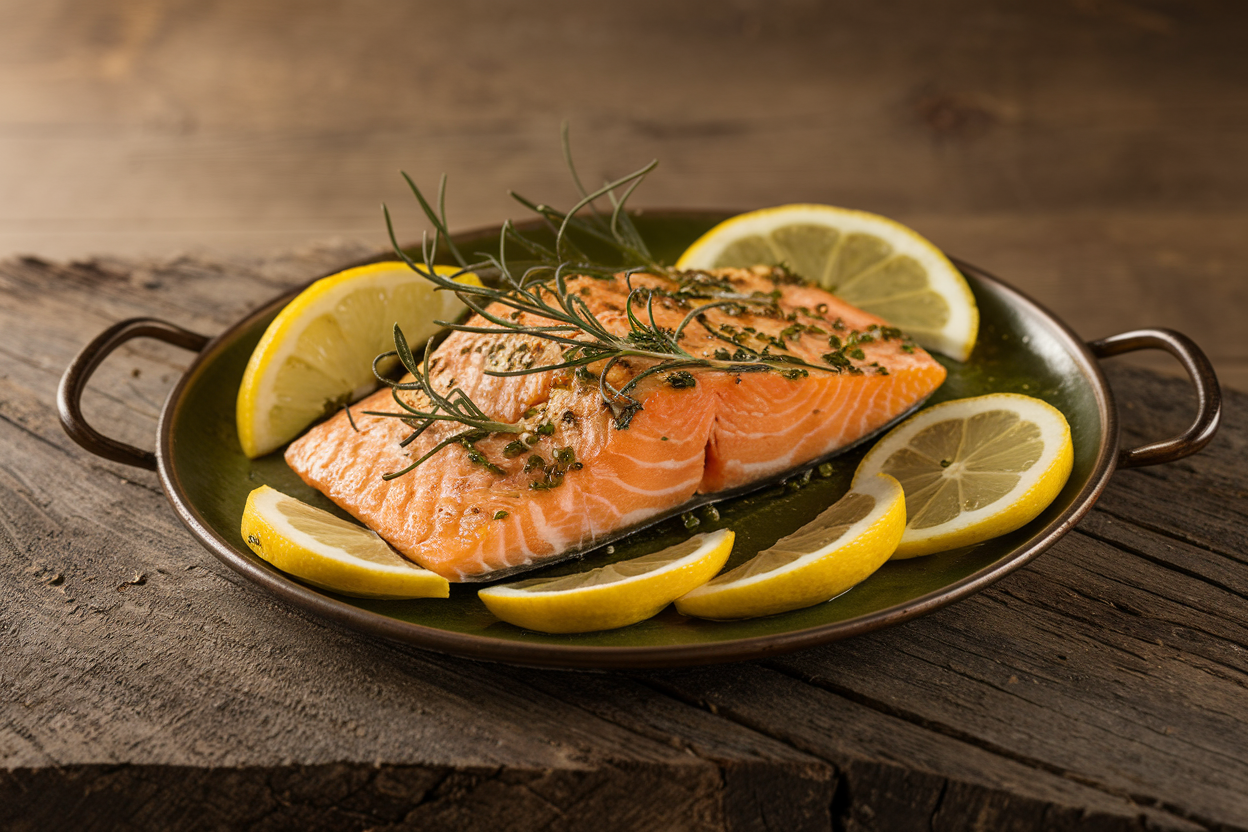 Golden roasted salmon fillets topped with lemon slices surrounded by roasted asparagus and cherry tomatoes