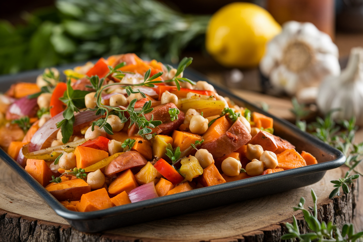 Colorful sheet pan hash with roasted sweet potatoes, red bell peppers, and onions