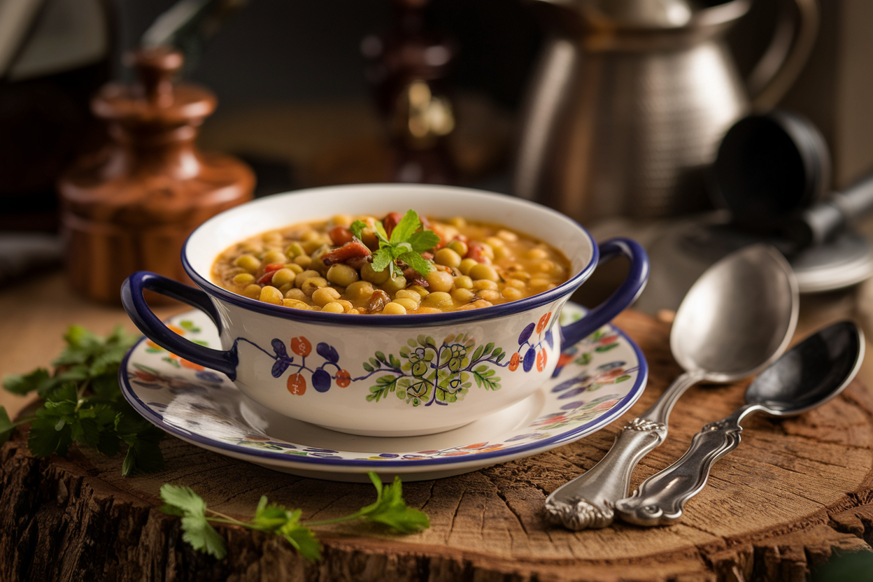 Thick green split pea soup in a bowl with diced carrots visible and crusty bread on the side
